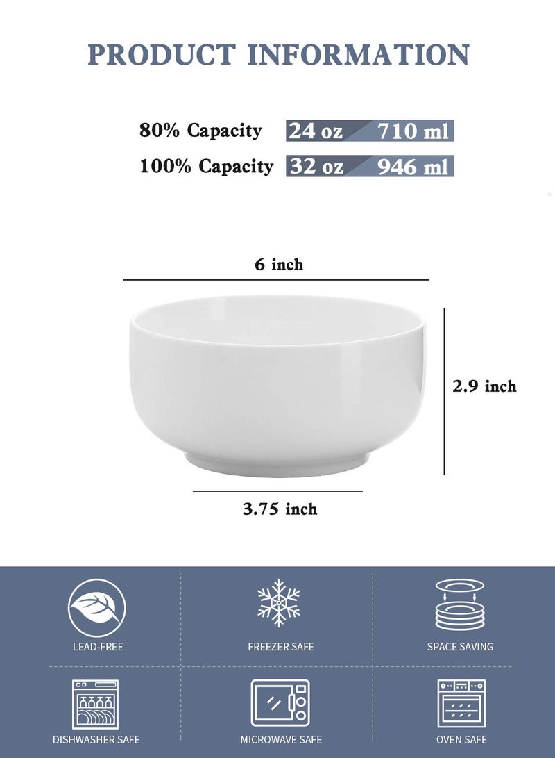 Kanwone Porcelain Bowl Set - 32 Ounce for Cereal  Salad and Soup  Bowls for Kitchen  Microwave and Dishwasher Safe - Set of 6  White - Image 2